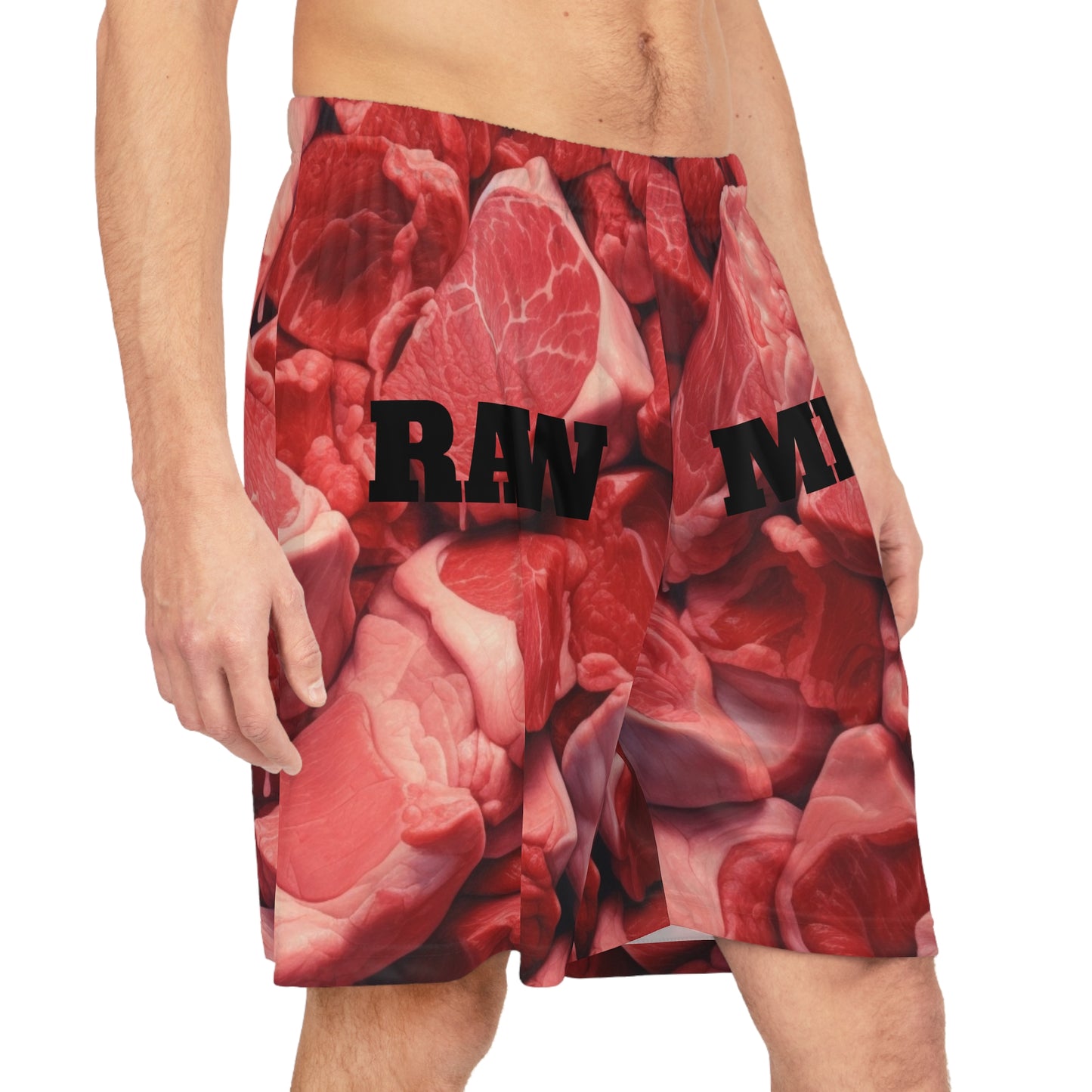 Raw Meat basketball shorts, side view