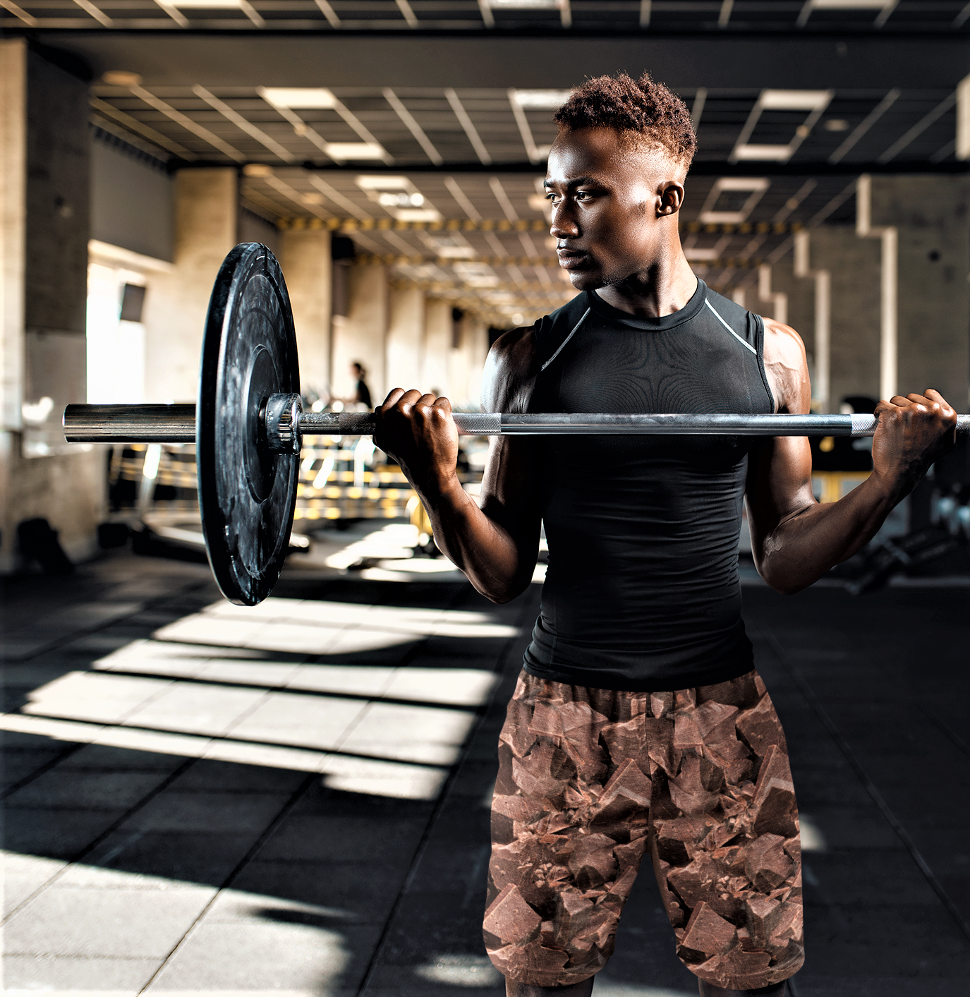 Always Better With Chocolate Basketball shorts, front view in gym